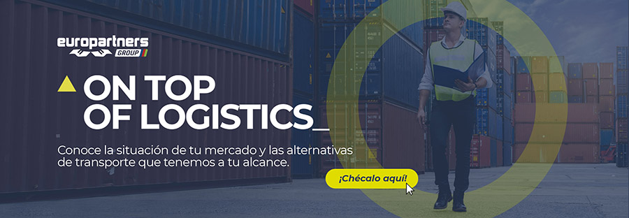 Side by side with the picture of a logistics professional walking in a port through containers, it's Europartners logo and it's written: MARKET UPDATE On top of logistics Your market situation and our transport alternatives, in a glance. 