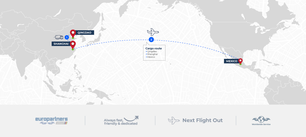 Over a world map, we have drawn the cargo route of this comprehensive logistics success story, starting with the first mile between Qingdao and Shanghai, then the Next Flight Out route, between Shanghai and Mexico.