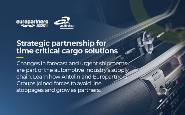Logos de Europartners Group y Grupo Antolin Strategic partnership for time critical cargo solutions Changes in forecast and urgent shipments are part of the automotive industry’s supply chain. Learn how Antolin and Europartners Groups joined forces to avoid line stoppages and grow as partners.