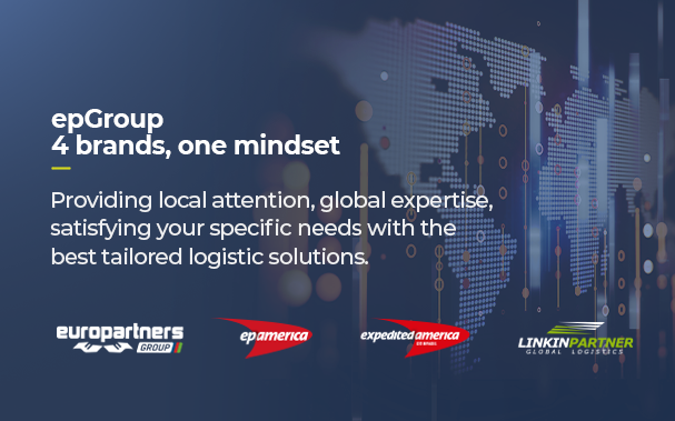 Over the picture of a world map, it is written: epGroup, 4 brands, one mindset. Providing local attention, global expertise, satisfying your specific needs with the best tailored logistic solutions.